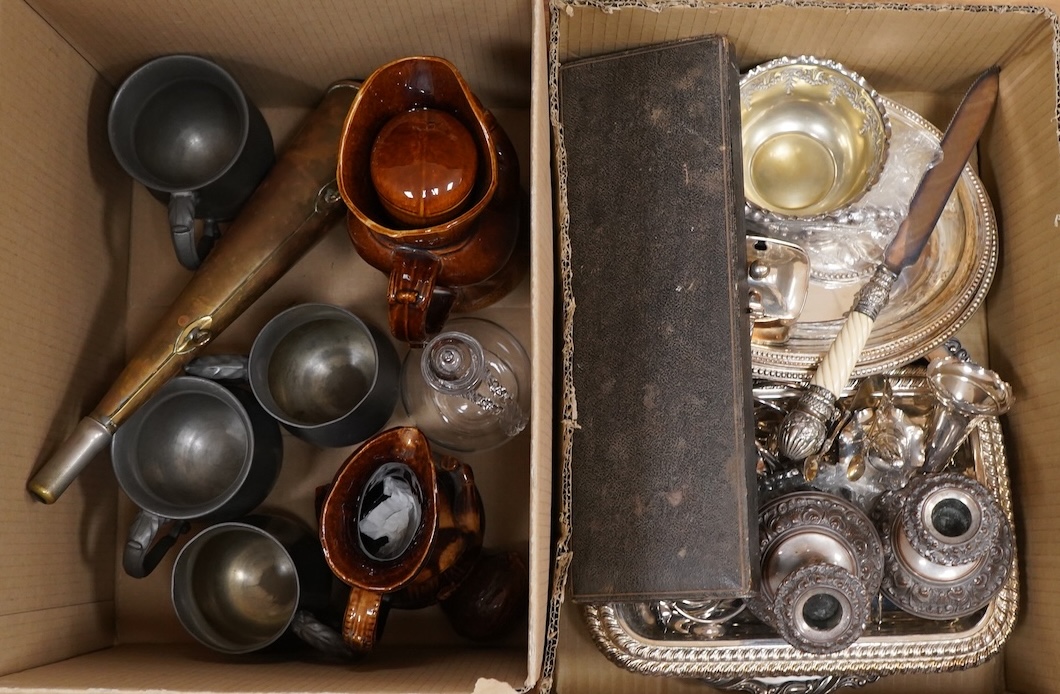 Assorted plated wares including pair of dwarf candlesticks, two pairs of entrée dishes, cased horn handled servers, set of flower holders, bread knife, mustard pot, salver, silver coins, two ceramic toby jugs, four pewte